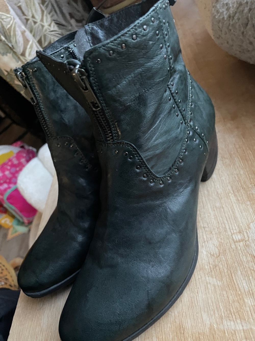 KHRIO Black Leather Ankle Boots with tiny studs and zipper front